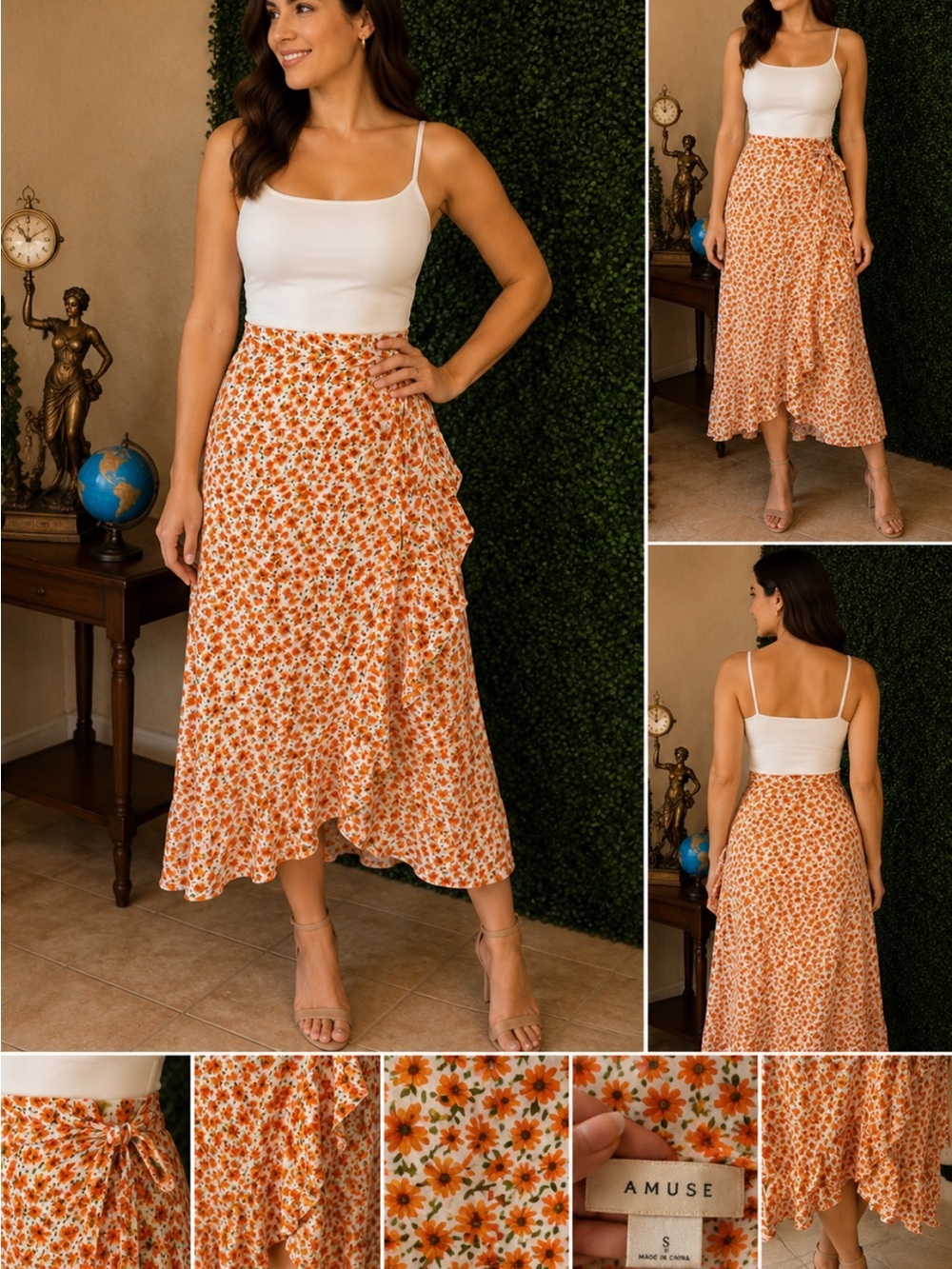 Orange Floral Ruffle Maxi Skirt # 213